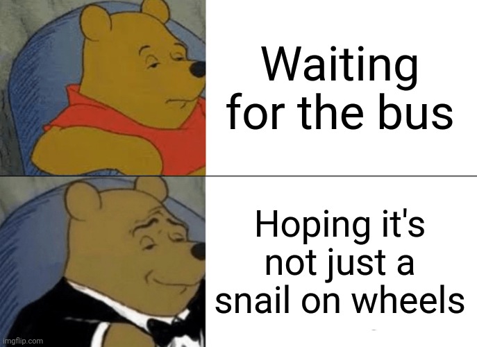 Tuxedo Winnie The Pooh | Waiting for the bus; Hoping it's not just a snail on wheels | image tagged in memes,tuxedo winnie the pooh | made w/ Imgflip meme maker