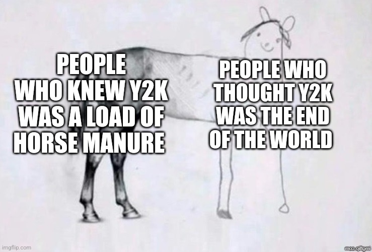 Y2k was dumb | PEOPLE WHO KNEW Y2K WAS A LOAD OF HORSE MANURE; PEOPLE WHO THOUGHT Y2K WAS THE END OF THE WORLD | image tagged in horse drawing | made w/ Imgflip meme maker