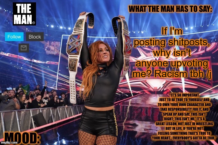 THE MAN Becky Lynch (Better format) | If I'm posting shitposts, why isn't anyone upvoting me? Racism tbh /j | image tagged in the man becky lynch better format | made w/ Imgflip meme maker