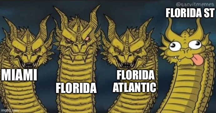 4 headed dragon | FLORIDA ST; MIAMI; FLORIDA; FLORIDA ATLANTIC | image tagged in 4 headed dragon | made w/ Imgflip meme maker