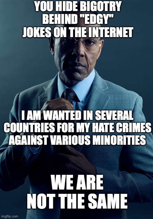 your little stand up routine is rookie hour | YOU HIDE BIGOTRY BEHIND "EDGY" JOKES ON THE INTERNET; I AM WANTED IN SEVERAL COUNTRIES FOR MY HATE CRIMES AGAINST VARIOUS MINORITIES; WE ARE NOT THE SAME | image tagged in gus fring we are not the same | made w/ Imgflip meme maker