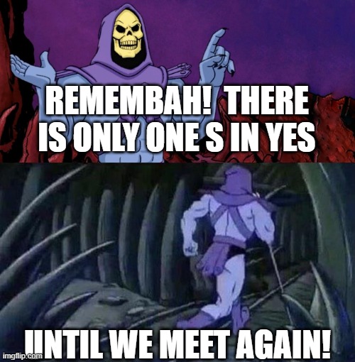 yesssssssss | REMEMBAH!  THERE IS ONLY ONE S IN YES; UNTIL WE MEET AGAIN! | image tagged in he man skeleton advices | made w/ Imgflip meme maker