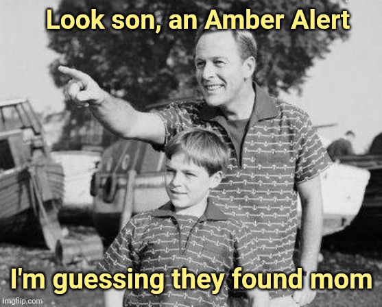 Whoa, Dude | Look son, an Amber Alert; I'm guessing they found mom | image tagged in memes,look son,dark humor,missing person | made w/ Imgflip meme maker