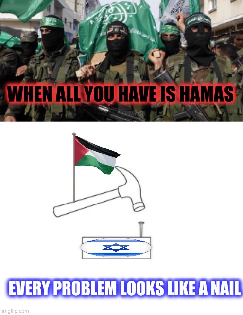 What a bunch of TOOLS | WHEN ALL YOU HAVE IS HAMAS; EVERY PROBLEM LOOKS LIKE A NAIL | image tagged in hamas,hammer and nail,israel,7thoctober,political humor | made w/ Imgflip meme maker