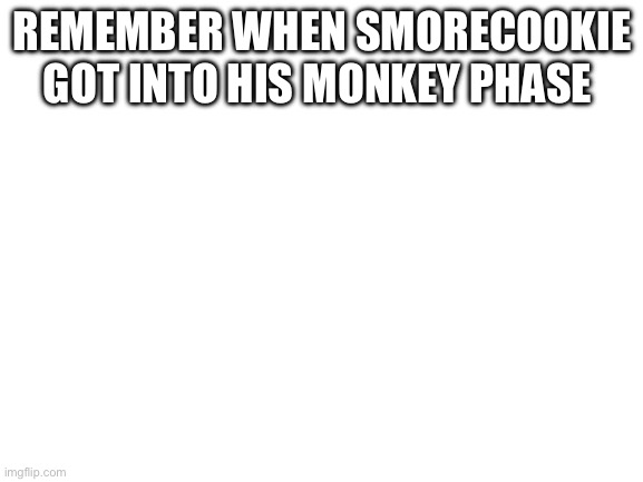Blank White Template | REMEMBER WHEN SMORECOOKIE GOT INTO HIS MONKEY PHASE | image tagged in blank white template | made w/ Imgflip meme maker