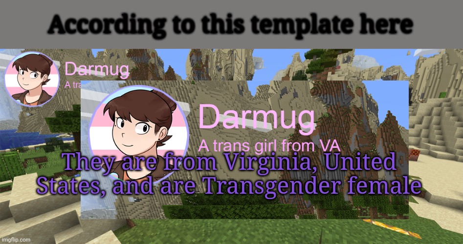 Darmug's announcement template | According to this template here They are from Virginia, United States, and are Transgender female | image tagged in darmug's announcement template | made w/ Imgflip meme maker