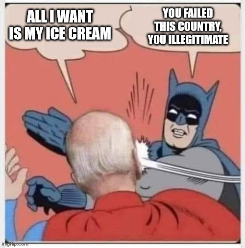 Batman biden slap | YOU FAILED
THIS COUNTRY,
YOU ILLEGITIMATE; ALL I WANT IS MY ICE CREAM | image tagged in batman biden slap | made w/ Imgflip meme maker