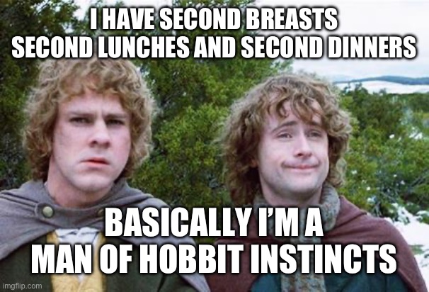 True Story | I HAVE SECOND BREASTS SECOND LUNCHES AND SECOND DINNERS; BASICALLY I’M A MAN OF HOBBIT INSTINCTS | image tagged in second breakfast | made w/ Imgflip meme maker