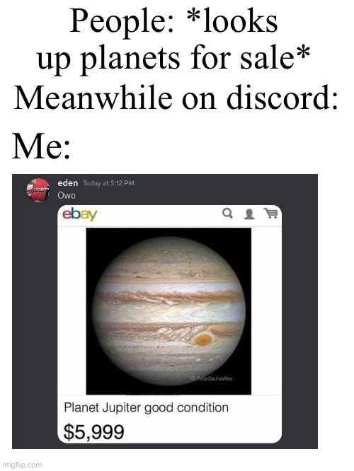 Planet jupiter good condition :skull: | People: *looks up planets for sale*; Meanwhile on discord:; Me: | image tagged in memes,blank white template,planet,for sale,funny | made w/ Imgflip meme maker