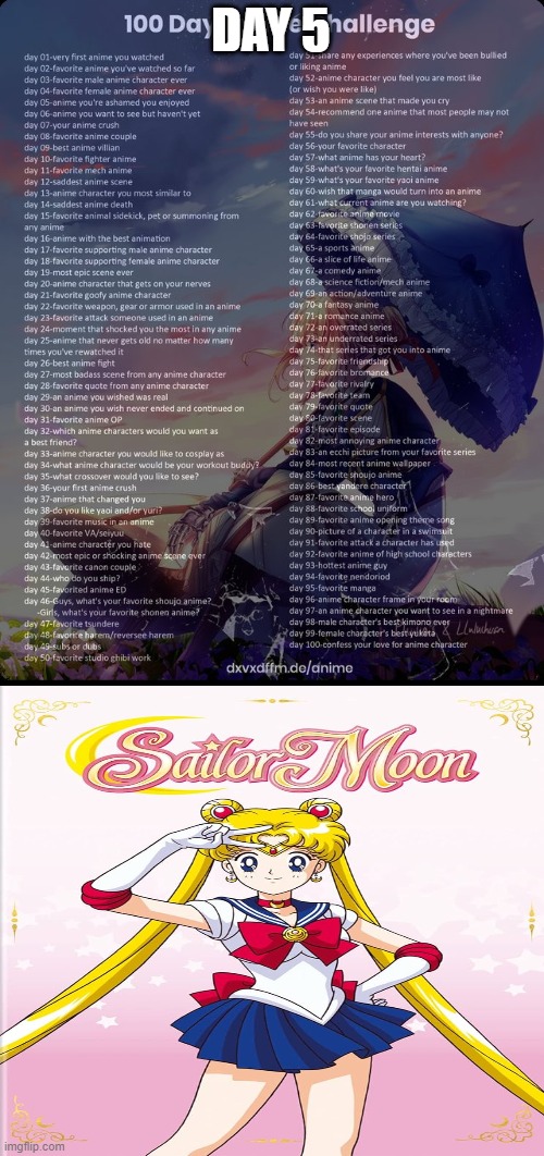 Day 5: Sailor Moon | DAY 5 | image tagged in 100 day anime challenge | made w/ Imgflip meme maker