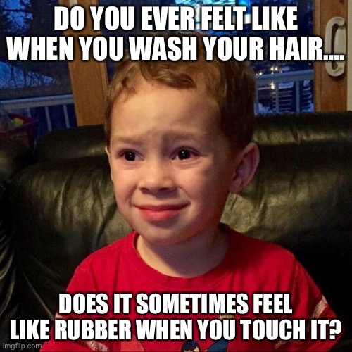 Gavin | DO YOU EVER FELT LIKE WHEN YOU WASH YOUR HAIR…. DOES IT SOMETIMES FEEL LIKE RUBBER WHEN YOU TOUCH IT? | image tagged in gavin | made w/ Imgflip meme maker