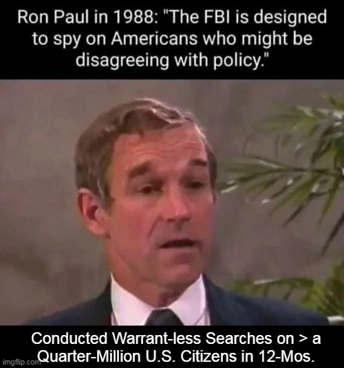 FBI Abuse | Conducted Warrant-less Searches on > a 
Quarter-Million U.S. Citizens in 12-Mos. | image tagged in politics,ron paul,fbi,corrupt,abuse,spying | made w/ Imgflip meme maker
