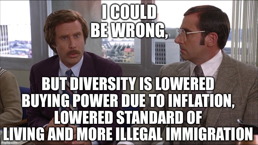 Diversity | I COULD BE WRONG, BUT DIVERSITY IS LOWERED BUYING POWER DUE TO INFLATION, LOWERED STANDARD OF LIVING AND MORE ILLEGAL IMMIGRATION | image tagged in diversity is an old old wooden ship,illegal immigrants,illegal immigration,inflation,diversity,biden | made w/ Imgflip meme maker