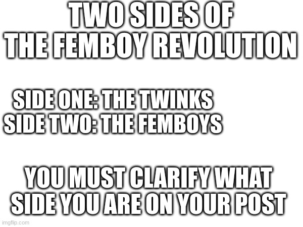 I am femboy btw | TWO SIDES OF THE FEMBOY REVOLUTION; SIDE ONE: THE TWINKS
SIDE TWO: THE FEMBOYS; YOU MUST CLARIFY WHAT SIDE YOU ARE ON YOUR POST | made w/ Imgflip meme maker