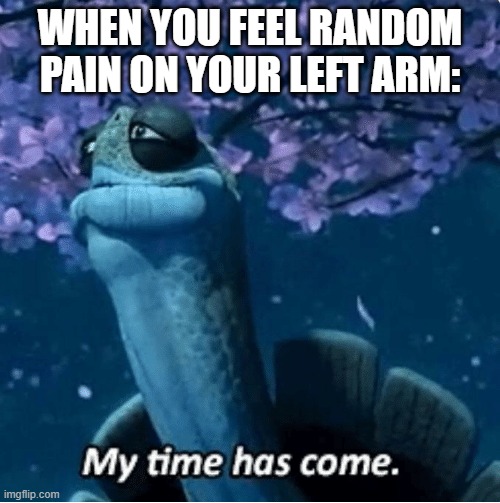 My Time Has Come | WHEN YOU FEEL RANDOM PAIN ON YOUR LEFT ARM: | image tagged in my time has come,random,pain,2023,master oogway,memes | made w/ Imgflip meme maker