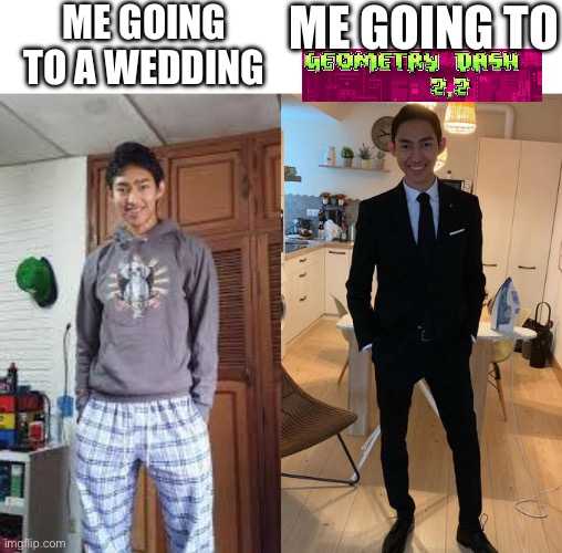 WE PULLIN UP TO 2.2 ????️?️?️ | ME GOING TO A WEDDING; ME GOING TO | image tagged in fernanfloo dresses up | made w/ Imgflip meme maker