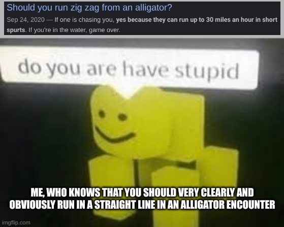 Don't trust every source you see | ME, WHO KNOWS THAT YOU SHOULD VERY CLEARLY AND OBVIOUSLY RUN IN A STRAIGHT LINE IN AN ALLIGATOR ENCOUNTER | image tagged in do you are have stupid | made w/ Imgflip meme maker