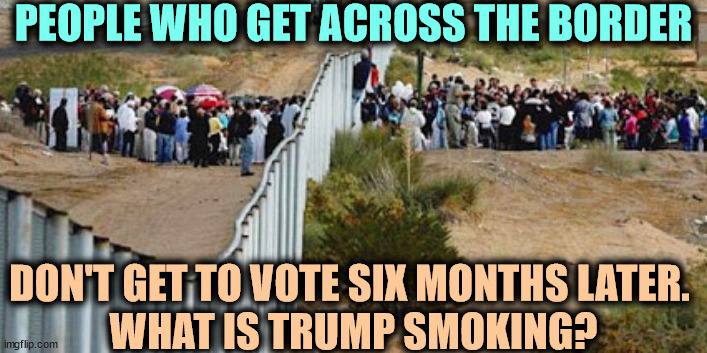 None of these people will vote in 2024. Trump is cockeyed. | PEOPLE WHO GET ACROSS THE BORDER; DON'T GET TO VOTE SIX MONTHS LATER. 
WHAT IS TRUMP SMOKING? | image tagged in border invasion,trump,liar,xenophobia,idiot | made w/ Imgflip meme maker