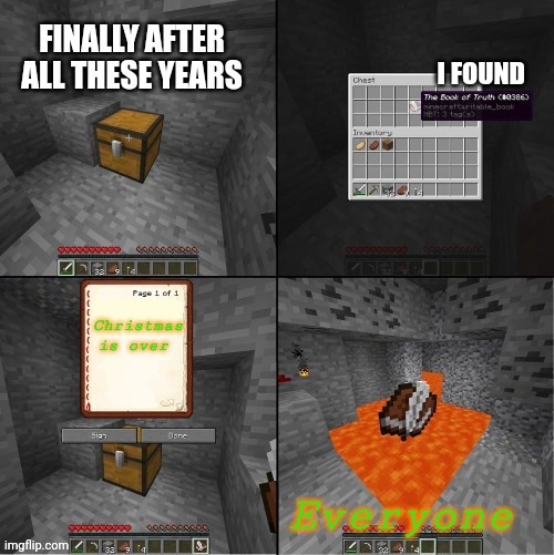 * insert title here* | Christmas is over; Everyone | image tagged in the book of truth minecraft edition | made w/ Imgflip meme maker