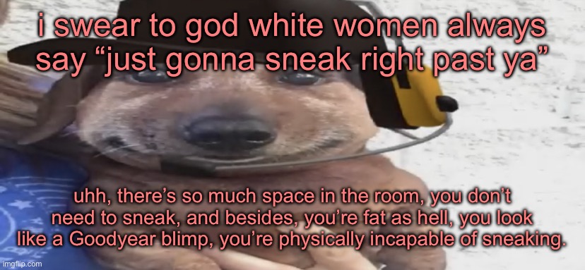 the whitest phrase in existence bro | i swear to god white women always say “just gonna sneak right past ya”; uhh, there’s so much space in the room, you don’t need to sneak, and besides, you’re fat as hell, you look like a Goodyear blimp, you’re physically incapable of sneaking. | image tagged in chucklenuts | made w/ Imgflip meme maker