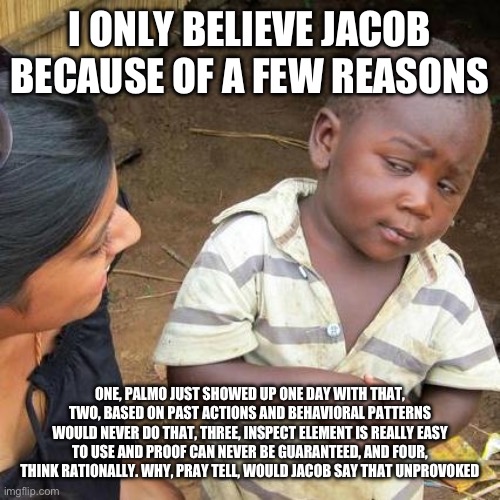 Read the description if you want | I ONLY BELIEVE JACOB BECAUSE OF A FEW REASONS; ONE, PALMO JUST SHOWED UP ONE DAY WITH THAT, TWO, BASED ON PAST ACTIONS AND BEHAVIORAL PATTERNS WOULD NEVER DO THAT, THREE, INSPECT ELEMENT IS REALLY EASY TO USE AND PROOF CAN NEVER BE GUARANTEED, AND FOUR, THINK RATIONALLY. WHY, PRAY TELL, WOULD JACOB SAY THAT UNPROVOKED | image tagged in memes,third world skeptical kid | made w/ Imgflip meme maker