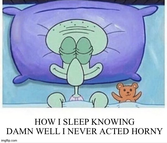 Squidward how i sleep | HOW I SLEEP KNOWING DAMN WELL I NEVER ACTED HORNY | image tagged in squidward how i sleep | made w/ Imgflip meme maker