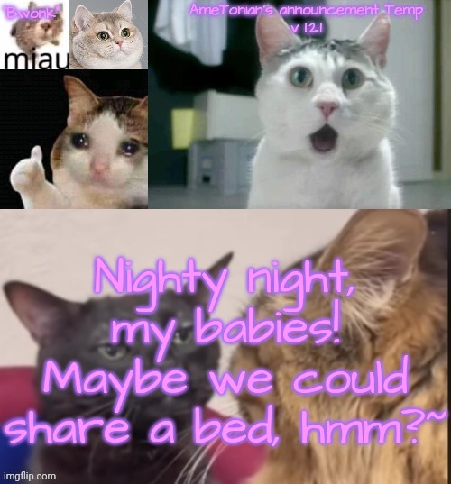 AmeTonian's announcement Temp v 1.2.1 | Nighty night, my babies!
Maybe we could share a bed, hmm?~ | image tagged in ametonian's announcement temp v 1 2 1 | made w/ Imgflip meme maker