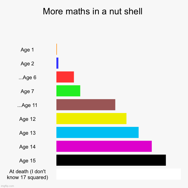 Maths in a nutshell (sorry for the white bar at age 16) | More maths in a nut shell | Age 1, Age 2, ...Age 6, Age 7, ...Age 11, Age 12, Age 13, Age 14, Age 15, At death (I don't know 17 squared) | image tagged in charts,bar charts | made w/ Imgflip chart maker