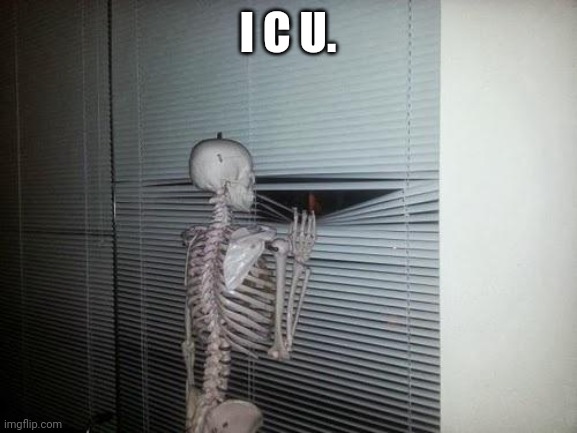 Skeleton Looking Out Window | I C U. | image tagged in skeleton looking out window | made w/ Imgflip meme maker