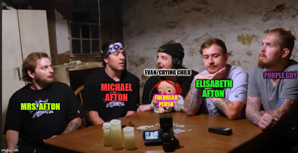 Afton family at the dinner table be like. | EVAN/CRYING CHILD; ELISABETH AFTON; PURPLE GUY; MICHAEL AFTON; FREDBEAR PLUSH; MRS. AFTON | image tagged in which are you the boys,afton family,fnaf | made w/ Imgflip meme maker