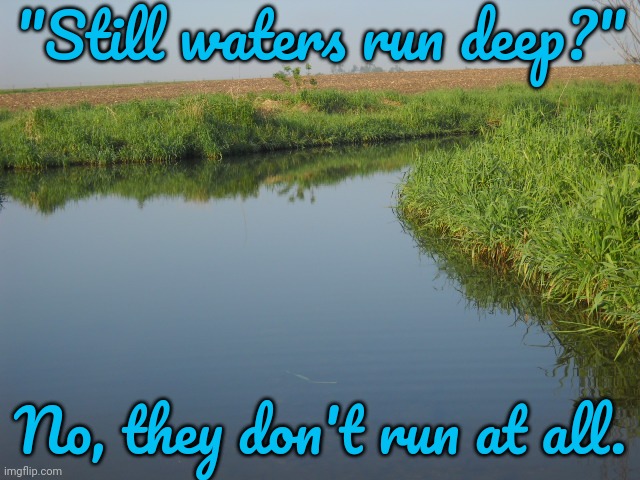 "Still" vs "run." | "Still waters run deep?"; No, they don't run at all. | image tagged in still waters,contradiction,oxymoron,language,somethings wrong | made w/ Imgflip meme maker