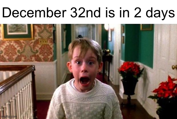 Kevin Home Alone | December 32nd is in 2 days | image tagged in kevin home alone | made w/ Imgflip meme maker