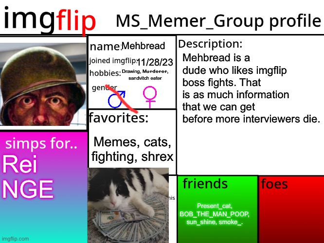 Bread’s msmg profile | Mehbread; Mehbread is a dude who likes imgflip boss fights. That is as much information that we can get before more interviewers die. 11/28/23; Drawing, M̶u̶r̶d̶e̶r̶e̶r̶, sandvitch eater; Memes, cats, fighting, shrex; Rei NGE; Present_cat, BOB_THE_MAN_POOP, sun_shine, smoke_. | image tagged in msmg profile | made w/ Imgflip meme maker