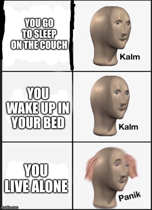 12345 | YOU GO TO SLEEP ON THE COUCH; YOU WAKE UP IN YOUR BED; YOU LIVE ALONE | image tagged in kalm kalm panik | made w/ Imgflip meme maker