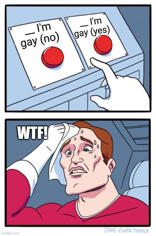 Two Buttons | __ I'm gay (yes); __ I'm gay (no); WTF! | image tagged in memes,two buttons | made w/ Imgflip meme maker