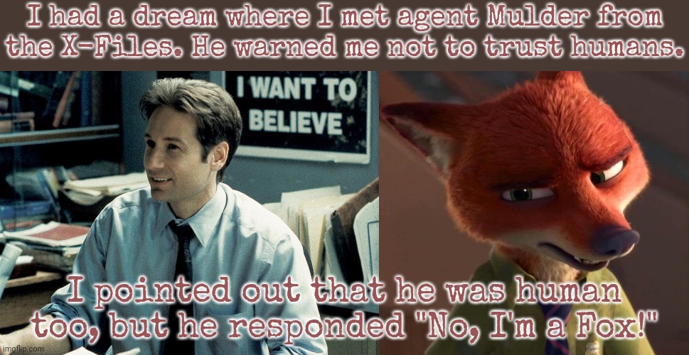 Weird. | I had a dream where I met agent Mulder from
the X-Files. He warned me not to trust humans. I pointed out that he was human too, but he responded "No, I'm a Fox!" | image tagged in mulder,nick wilde skeptic,furry,tv show,paranoia,supernatural | made w/ Imgflip meme maker