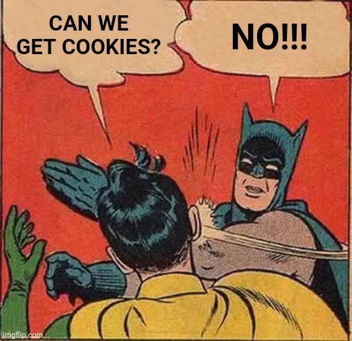 Batman Slapping Robin | CAN WE GET COOKIES? NO!!! | image tagged in memes,batman slapping robin | made w/ Imgflip meme maker