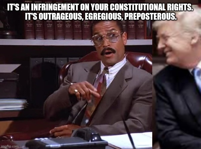 Jackie Childs, Seinfeld injury lawyer | IT'S AN INFRINGEMENT ON YOUR CONSTITUTIONAL RIGHTS. 
IT'S OUTRAGEOUS, EGREGIOUS, PREPOSTEROUS. | image tagged in jackie childs seinfeld injury lawyer | made w/ Imgflip meme maker