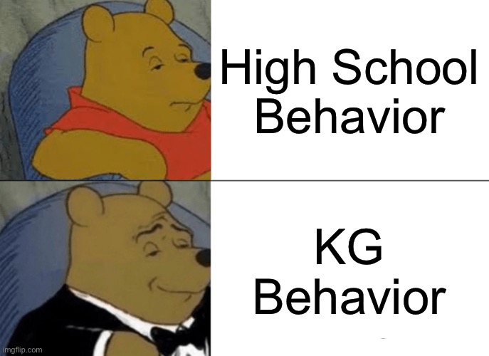 i know this doesn't make sense but this can happen in our school | High School Behavior; KG Behavior | image tagged in memes,tuxedo winnie the pooh,school,high school,kindergarten | made w/ Imgflip meme maker