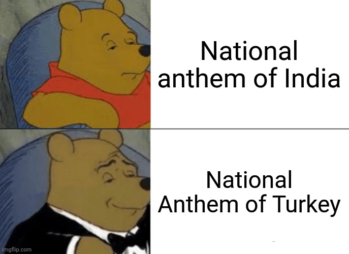 I'm indian myself and the turkey anthem is fire | National anthem of India; National Anthem of Turkey | image tagged in memes,tuxedo winnie the pooh | made w/ Imgflip meme maker