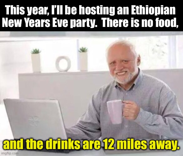 Happy New YEAR | This year, I’ll be hosting an Ethiopian New Years Eve party.  There is no food, and the drinks are 12 miles away. | image tagged in harold | made w/ Imgflip meme maker