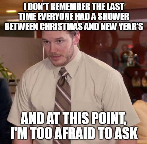 Afraid To Ask Andy Meme | I DON'T REMEMBER THE LAST TIME EVERYONE HAD A SHOWER BETWEEN CHRISTMAS AND NEW YEAR'S; AND AT THIS POINT, I'M TOO AFRAID TO ASK | image tagged in memes,afraid to ask andy,meme | made w/ Imgflip meme maker