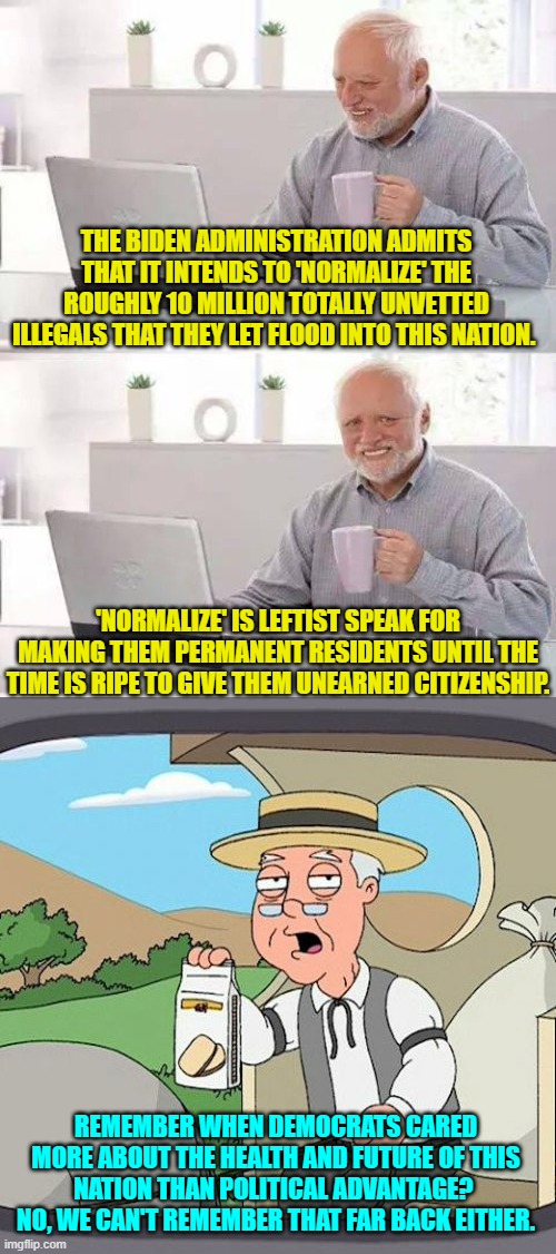 Sadly it's all true.  You can almost HEAR our nation spiral down the leftist toilet. | THE BIDEN ADMINISTRATION ADMITS THAT IT INTENDS TO 'NORMALIZE' THE ROUGHLY 10 MILLION TOTALLY UNVETTED ILLEGALS THAT THEY LET FLOOD INTO THIS NATION. 'NORMALIZE' IS LEFTIST SPEAK FOR MAKING THEM PERMANENT RESIDENTS UNTIL THE TIME IS RIPE TO GIVE THEM UNEARNED CITIZENSHIP. REMEMBER WHEN DEMOCRATS CARED MORE ABOUT THE HEALTH AND FUTURE OF THIS NATION THAN POLITICAL ADVANTAGE?  NO, WE CAN'T REMEMBER THAT FAR BACK EITHER. | image tagged in hide the pain harold | made w/ Imgflip meme maker