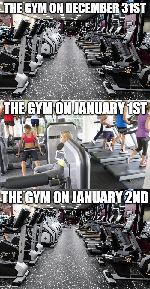 Please keep your resolutions for longer than two weeks | THE GYM ON DECEMBER 31ST; THE GYM ON JANUARY 1ST; THE GYM ON JANUARY 2ND | image tagged in happy new year,new years,new years resolutions,so true memes,relatable memes | made w/ Imgflip meme maker