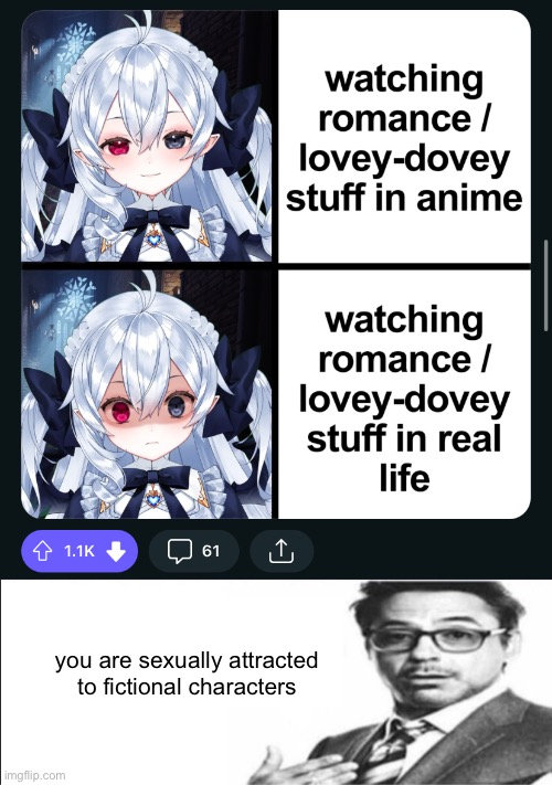 all these waifu characters look the same… white woman with a baby face, colored hair, and fancy dress | you are sexually attracted to fictional characters | image tagged in robert downey jr's comments | made w/ Imgflip meme maker