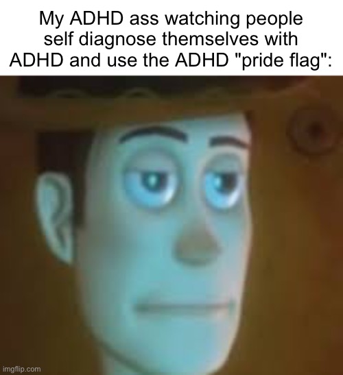 disappointed woody | My ADHD ass watching people self diagnose themselves with ADHD and use the ADHD "pride flag": | image tagged in disappointed woody | made w/ Imgflip meme maker