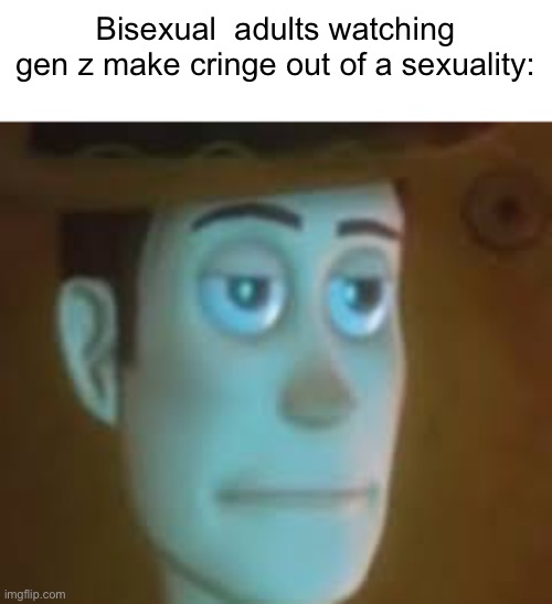 disappointed woody | Bisexual  adults watching gen z make cringe out of a sexuality: | image tagged in disappointed woody | made w/ Imgflip meme maker