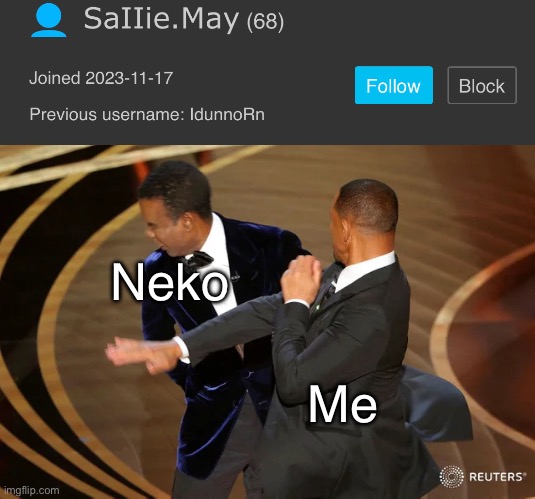 Get your own damn username | Neko; Me | image tagged in will smith punching chris rock | made w/ Imgflip meme maker