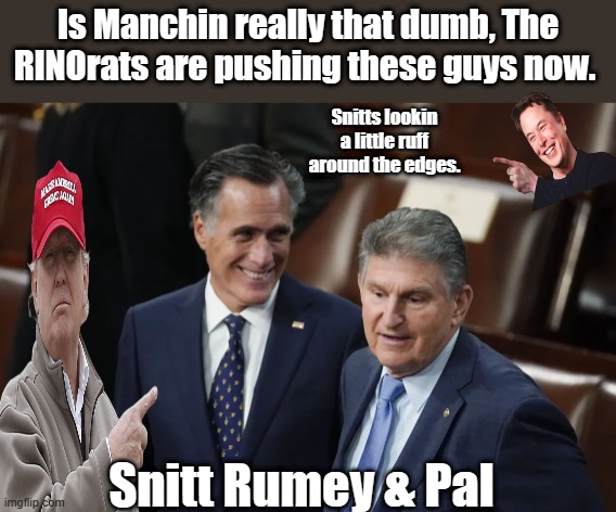 DON't be fooled | Is Manchin really that dumb, The RINOrats are pushing these guys now. Snitts lookin a little ruff around the edges. Snitt Rumey & Pal | image tagged in democrats,republicans,nwo,traitors | made w/ Imgflip meme maker