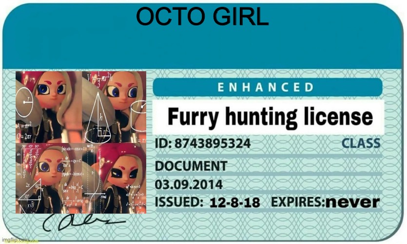 furry hunting license | OCTO GIRL | image tagged in furry hunting license | made w/ Imgflip meme maker